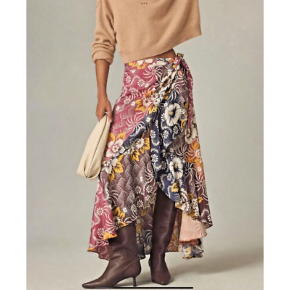 Boho Floral Wrap Midi Skirt Women’s Burgundy Tie Waist Asymmetrical Maxi Skirt